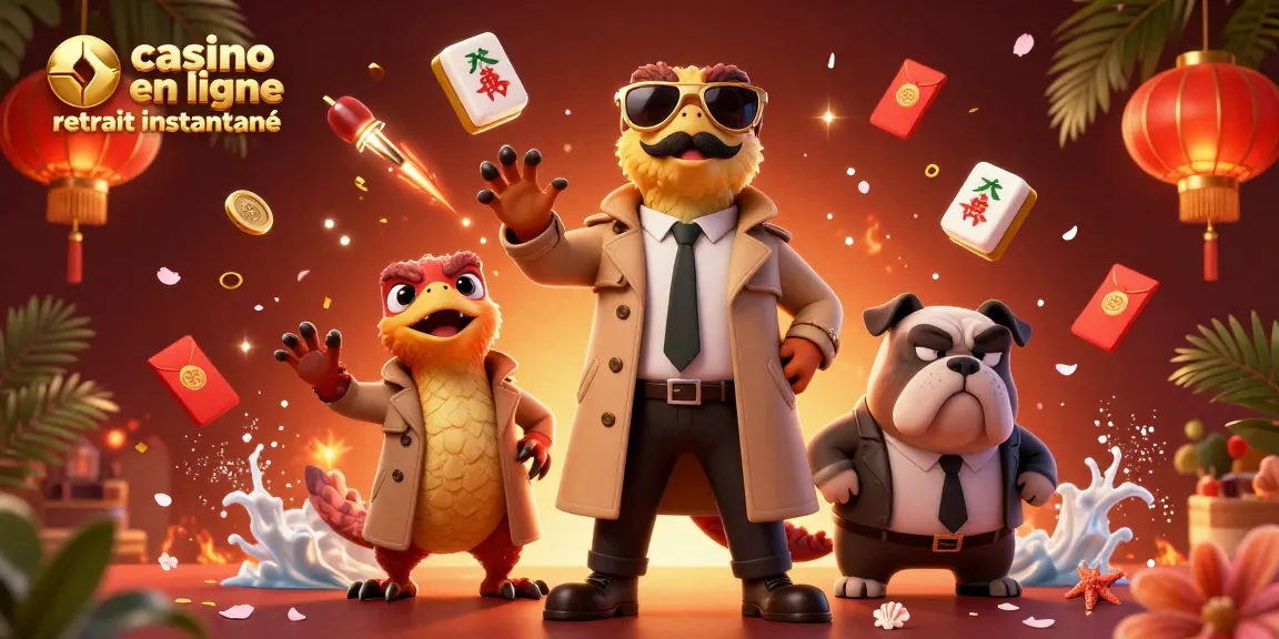 Jouez au casino en ligne retrait instantané avec cette image amusante de raptors en trench coat dans une scène de casino.