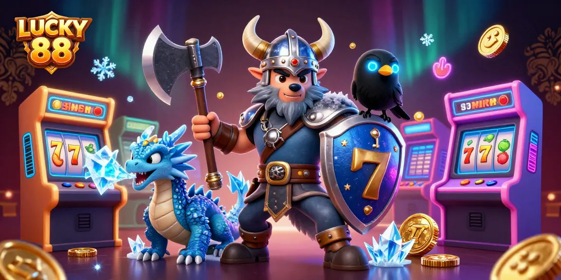 Engage with the LUCKY 88 slot experience, featuring a Viking warrior, dragon, and gaming elements.
