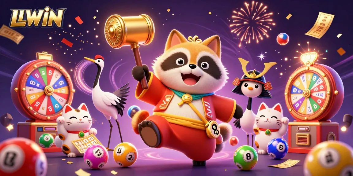 Experience exciting winnings at LLWIN with a cheerful tanuki and colorful lottery elements in a vibrant casino scene.