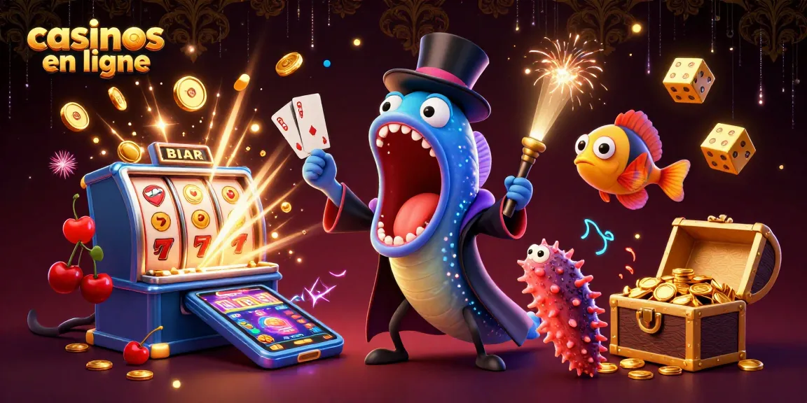 Jouez aux jeux de casino en ligne avec une illustration dynamique d'anguille, poisson-hat et concombre.