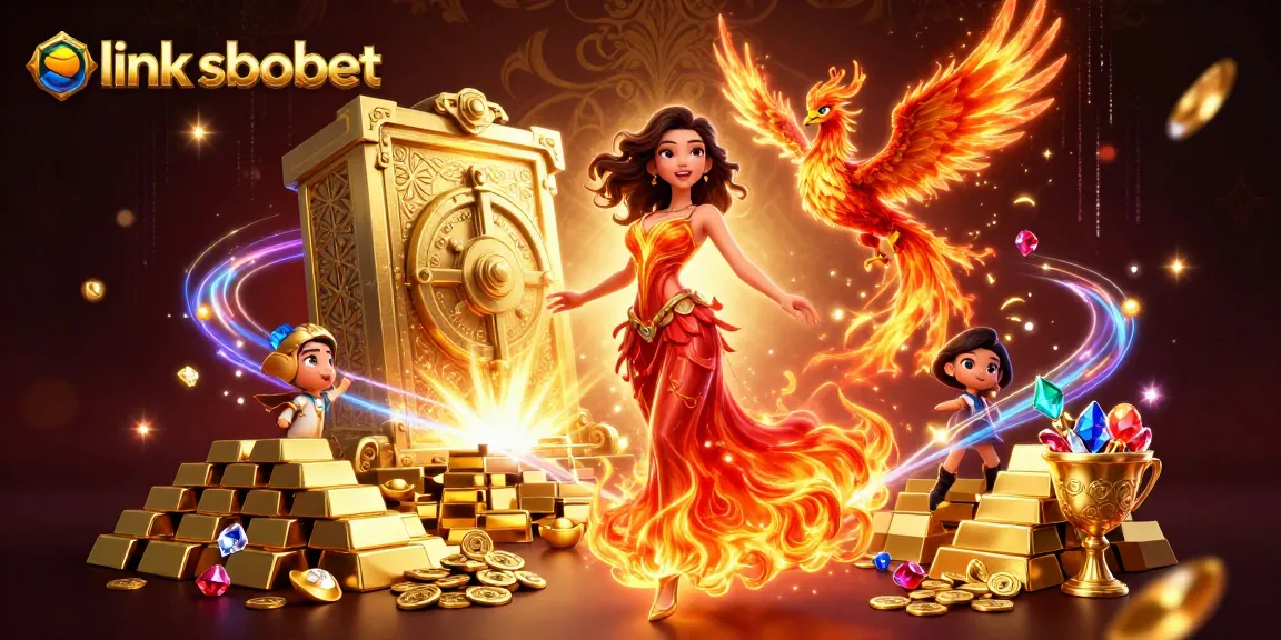 Win with link sbobet at a vibrant casino scene featuring fiery elements and treasures.