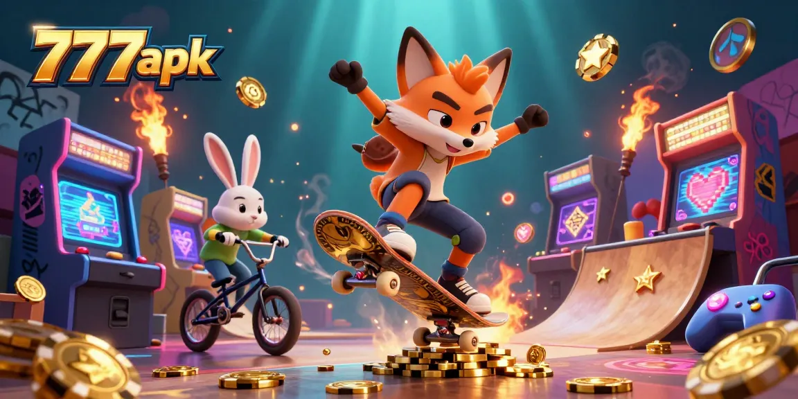 Engage with thrilling 777 apk gameplay featuring vibrant characters and casino motifs in a colorful setting.