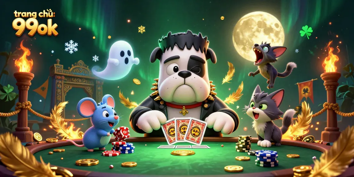 Experience thrill at trang chủ 99ok with a 3D cartoon scene of fun casino characters.