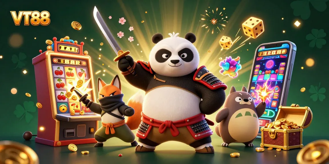 Experience thrilling VT88 gameplay with animated samurai panda, ninja fox, and vibrant slot machine elements.