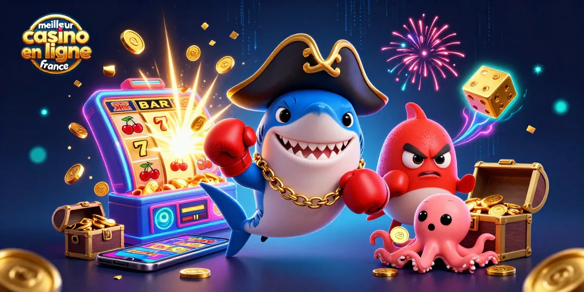 Affrontez le meilleur casino en ligne France avec ce requin pirate 3D animé et ses compagnons.