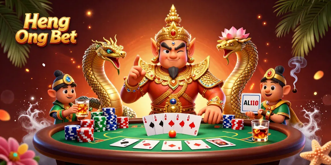 Engage with thrilling poker action at Heng Ong Bet, featuring a vibrant 3D illustration of a winning hand and festive atmosphere.