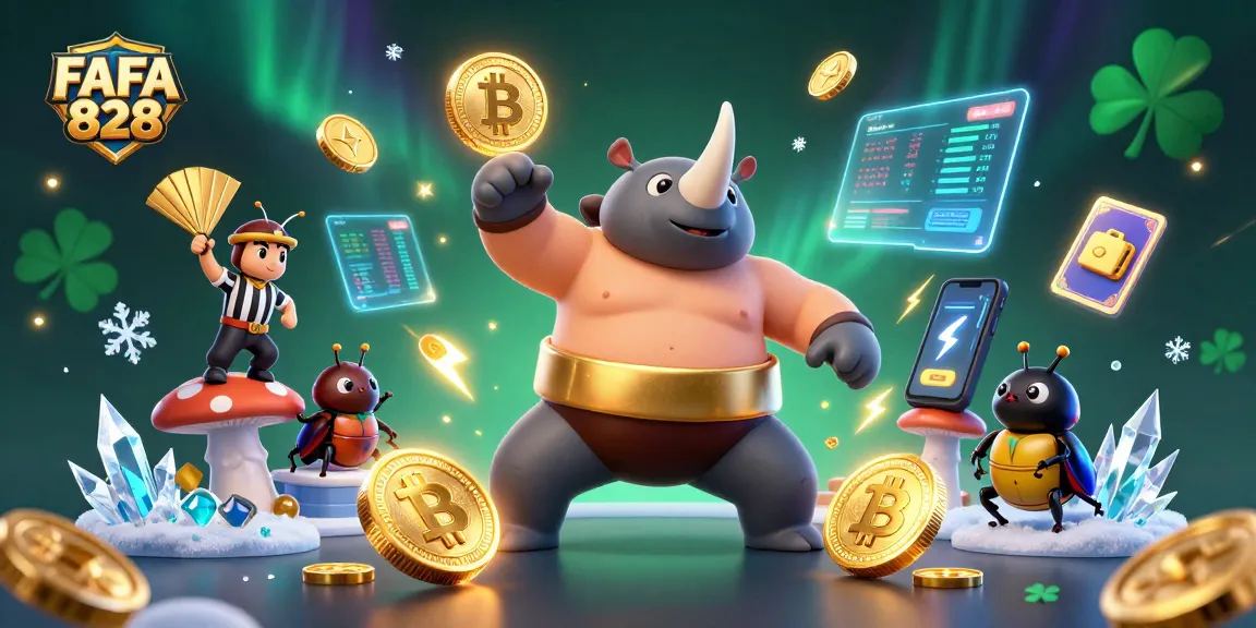 FAFA 828 showcases a powerful beetle champion in a dazzling casino scene surrounded by crypto coins.