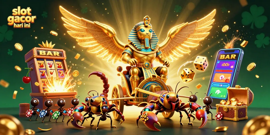 Slot gacor hari ini menampilkan ilustrasi kartun 3D menarik dengan karakter sarang emas dan simbol judi berlimpah.