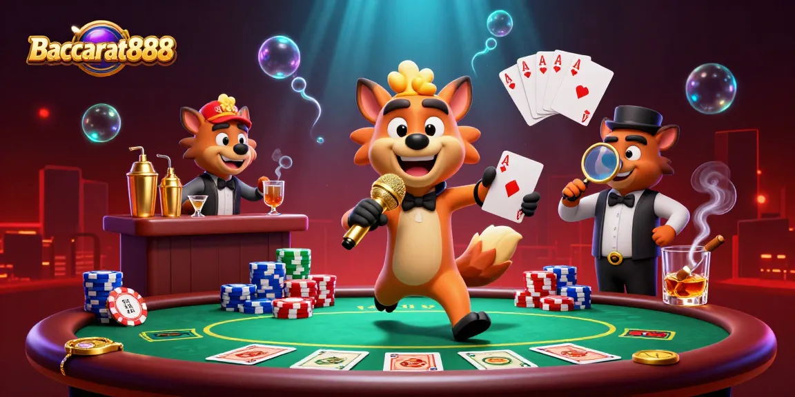 Baccarat888 hyenas entertain at a packed casino with chips and drinks, showcasing vibrant gaming action.