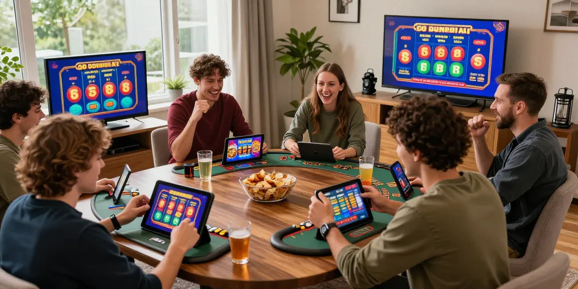 Players enjoying the excitement of credit card casinos UK in a lively home environment with games and colorful graphics.
