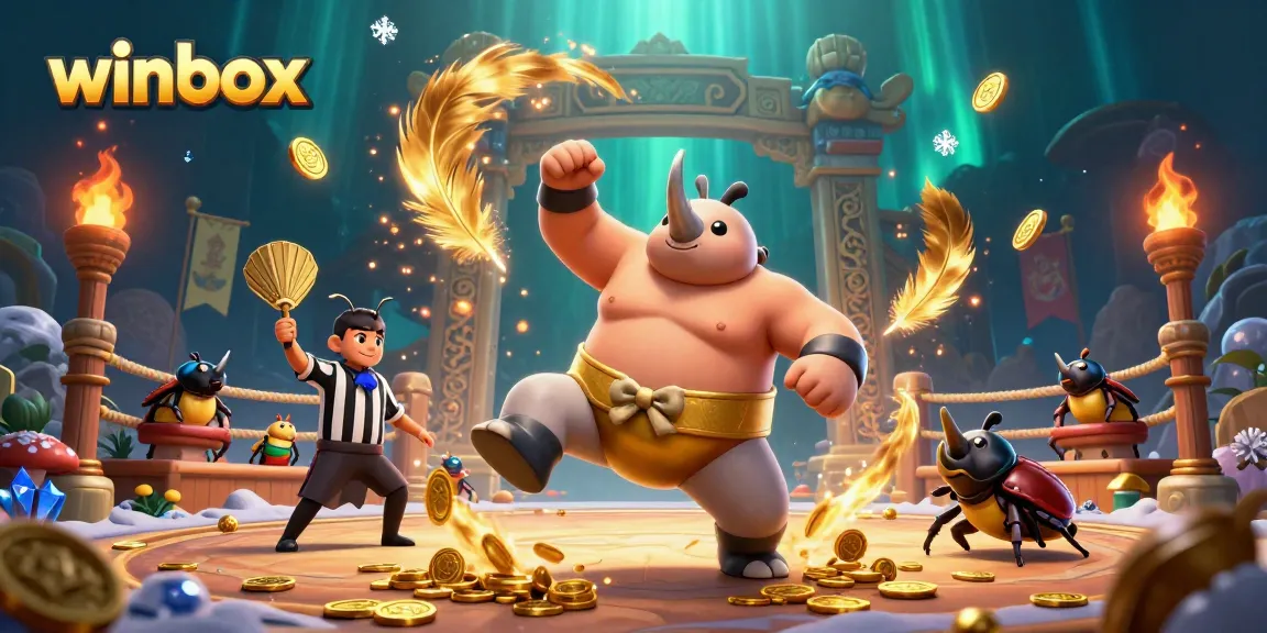 Winbox offers an exciting gaming experience with vibrant visuals, featuring epic characters like the rhinoceros beetle champion.