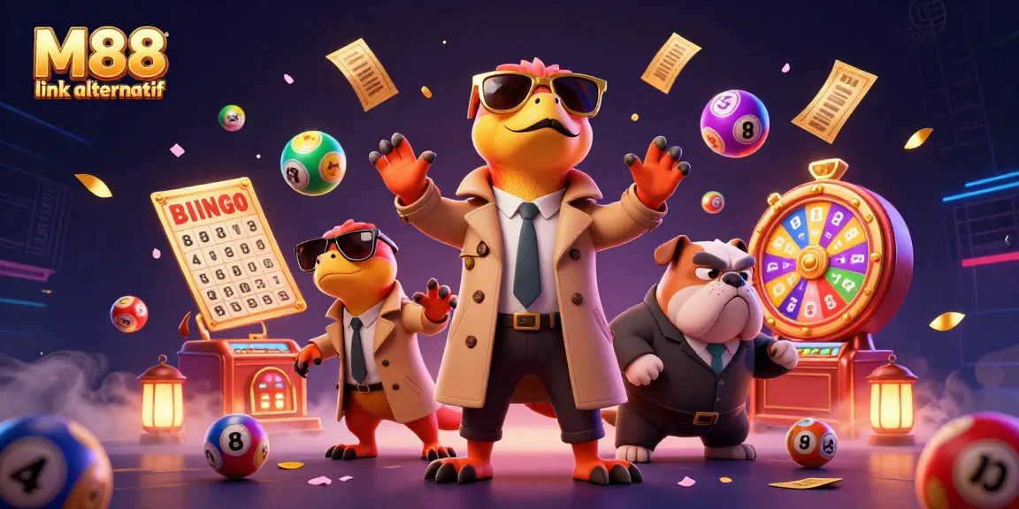 M88 link alternatif showcases playful raptors in a trench coat entering a VIP casino, surrounded by colorful lottery elements.