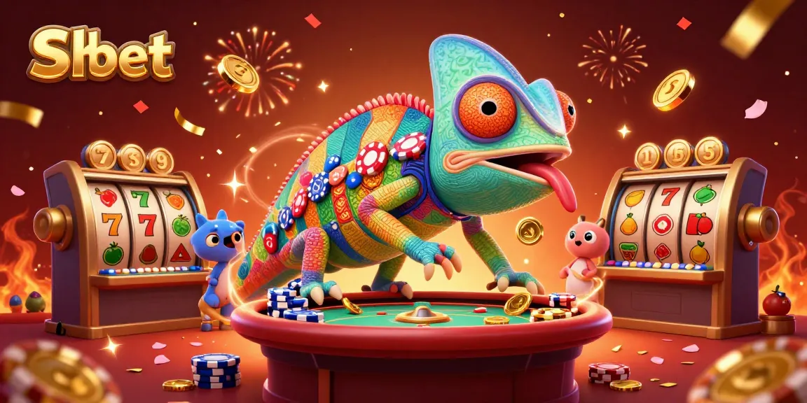 Shbet offers thrilling casino action with a vibrant chameleon character amidst festive elements.