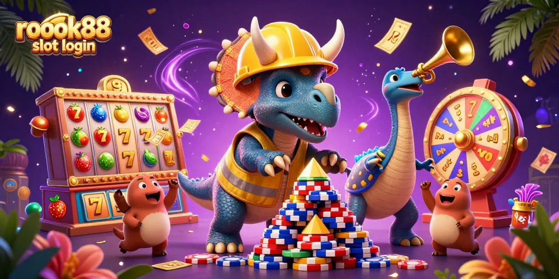Experience the excitement of rokok88 slot login with this vibrant 3D casino scene featuring slot elements and celebrating characters.