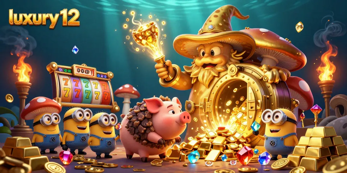 Experience luxury 12 gaming excitement with slot reels and golden treasures in a vibrant casino scene.