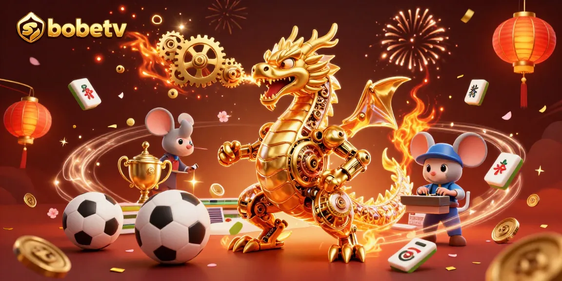 Engage with sbobetv's immersive sports betting experience alongside a golden dragon and vibrant casino elements.