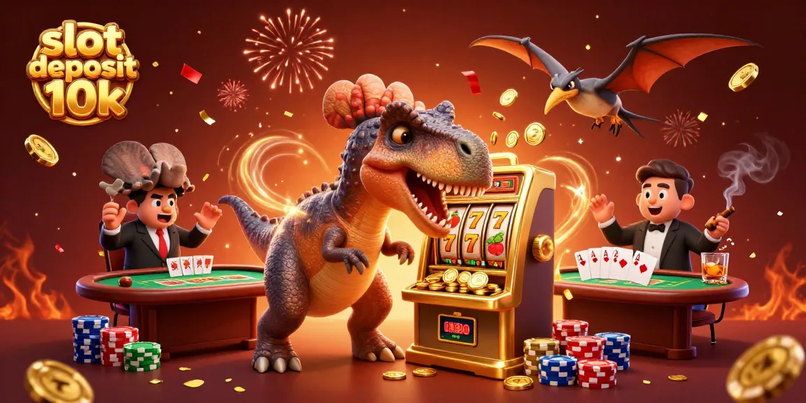 Engage with slot deposit 10k as a vibrant pachycephalosaurus and casino characters celebrate winnings.