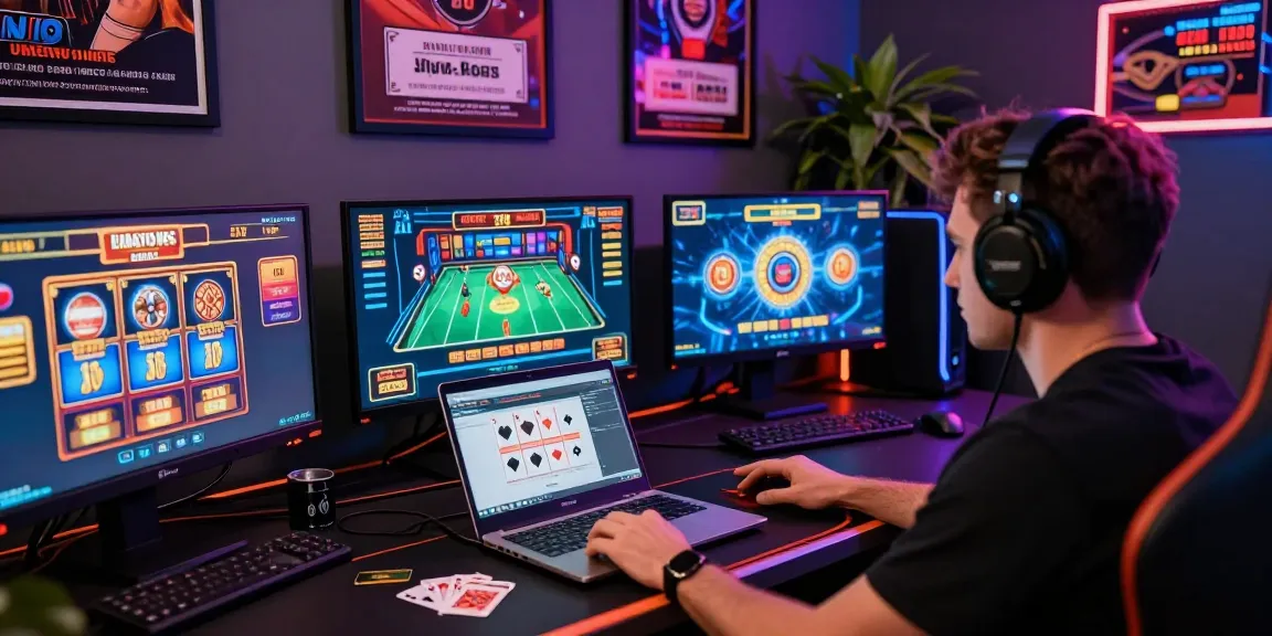 Engaged player at desk enjoying casinos that accept credit cards with multiple screens displaying game options.