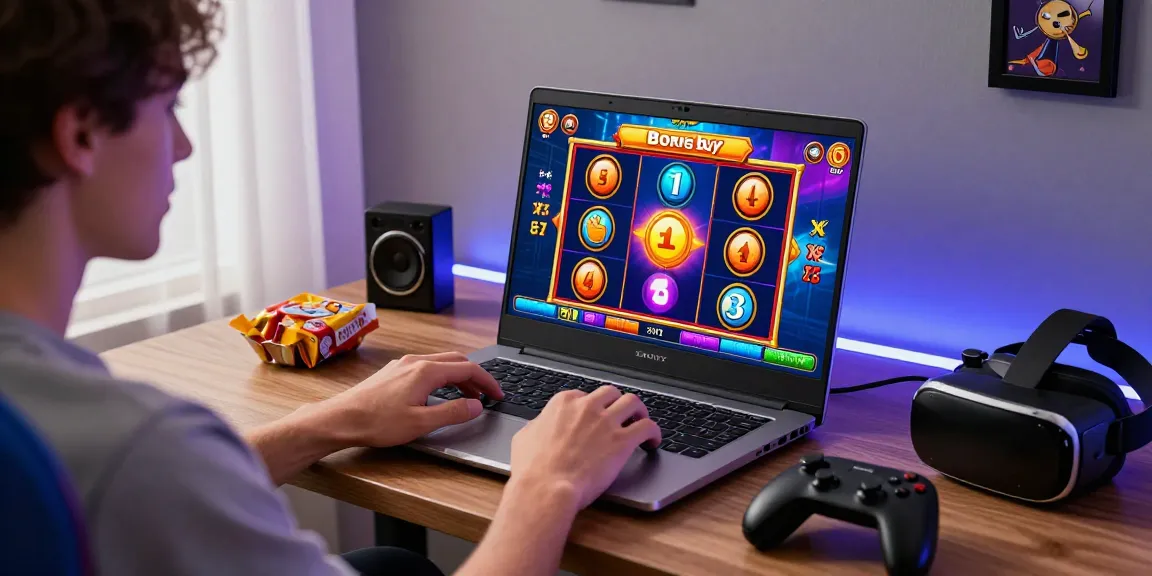 Engaging gaming scene with bonus buy slots on laptop showcasing vibrant graphics and immersive play.