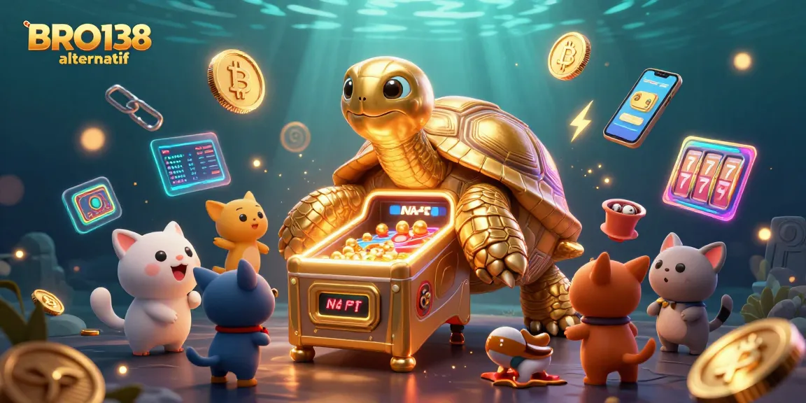 Engage with BRO138 alternatif through a vibrant scene featuring gambling elements and lively characters.