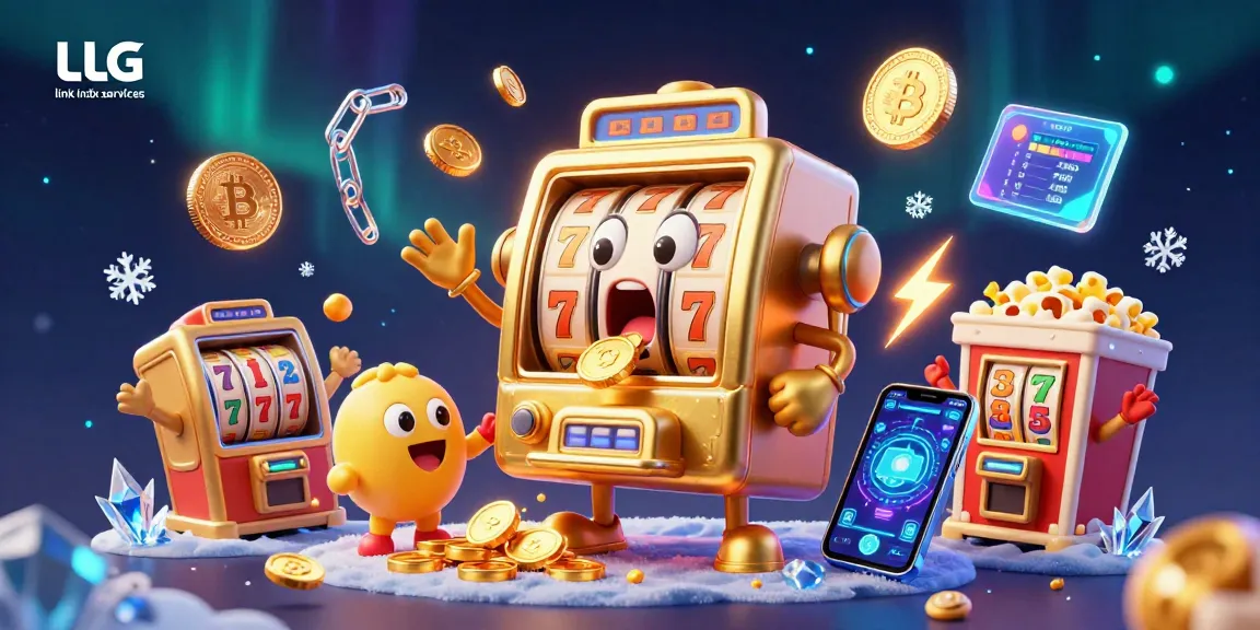 Experience thrilling LLG link indx services with a lively scene of slot machines striking jackpots amidst colorful crypto elements.