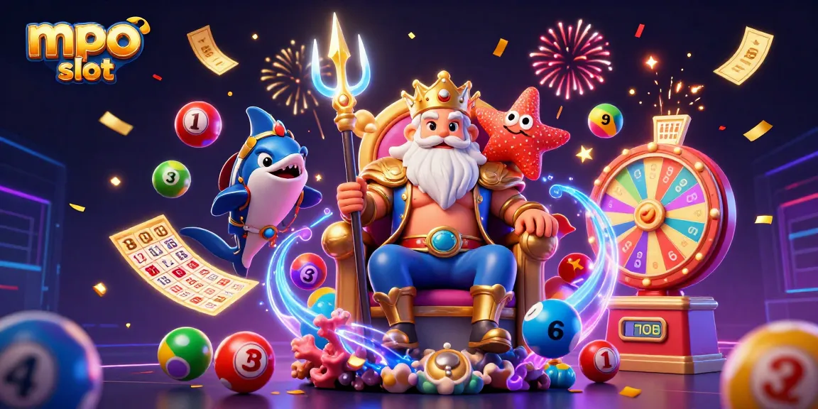 Experience excitement with mpo slot in a vibrant 3D scene featuring Neptune and colorful game elements like lottery balls and a prize wheel