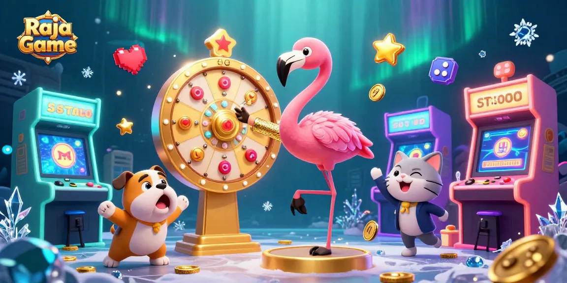 Engage in thrilling Raja Game action with vibrant gaming characters and casino elements.