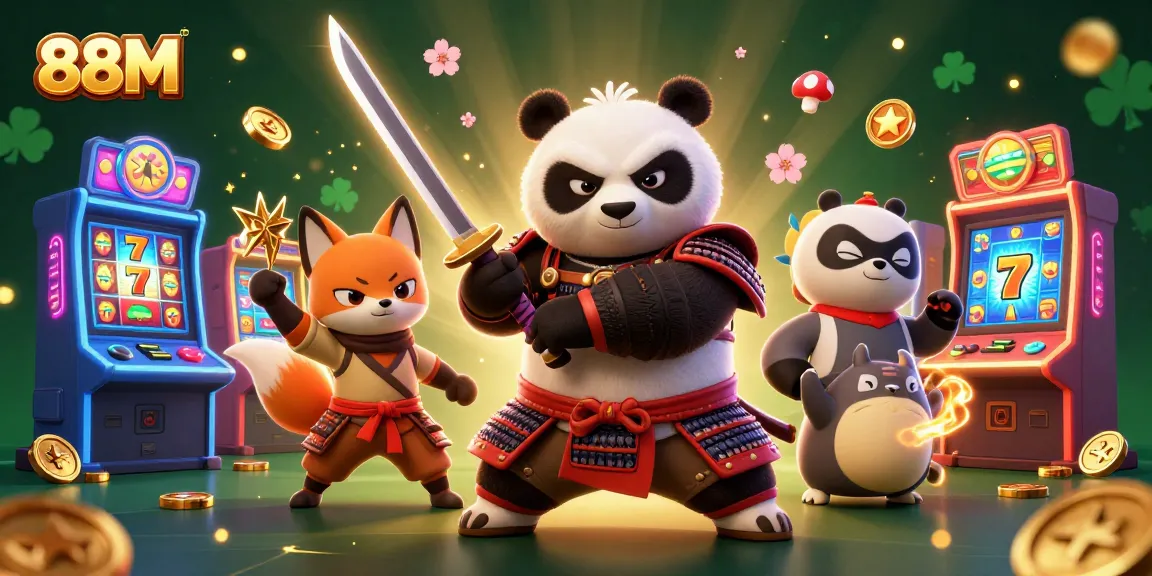 Join the action at 88M with dynamic samurai panda and ninja fox amidst vibrant slot machines.