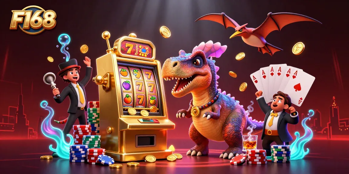 Watch F168 jumpstart jackpot wins with vibrant dinosaurs in a dynamic casino illustration.