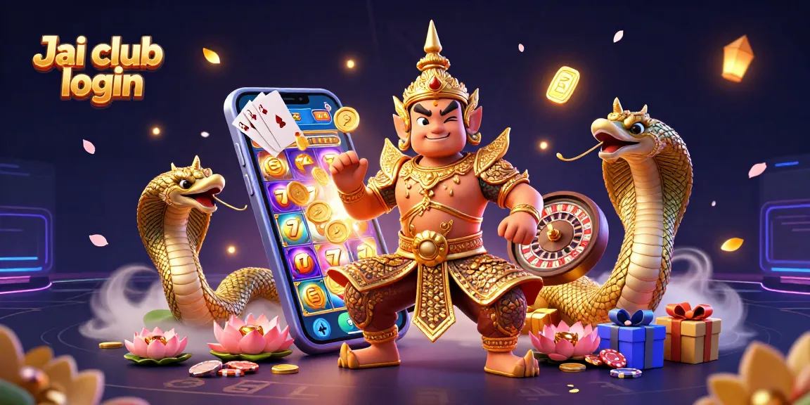 Engaging Jai club login scene with vibrant slot games and friendly characters inviting players.