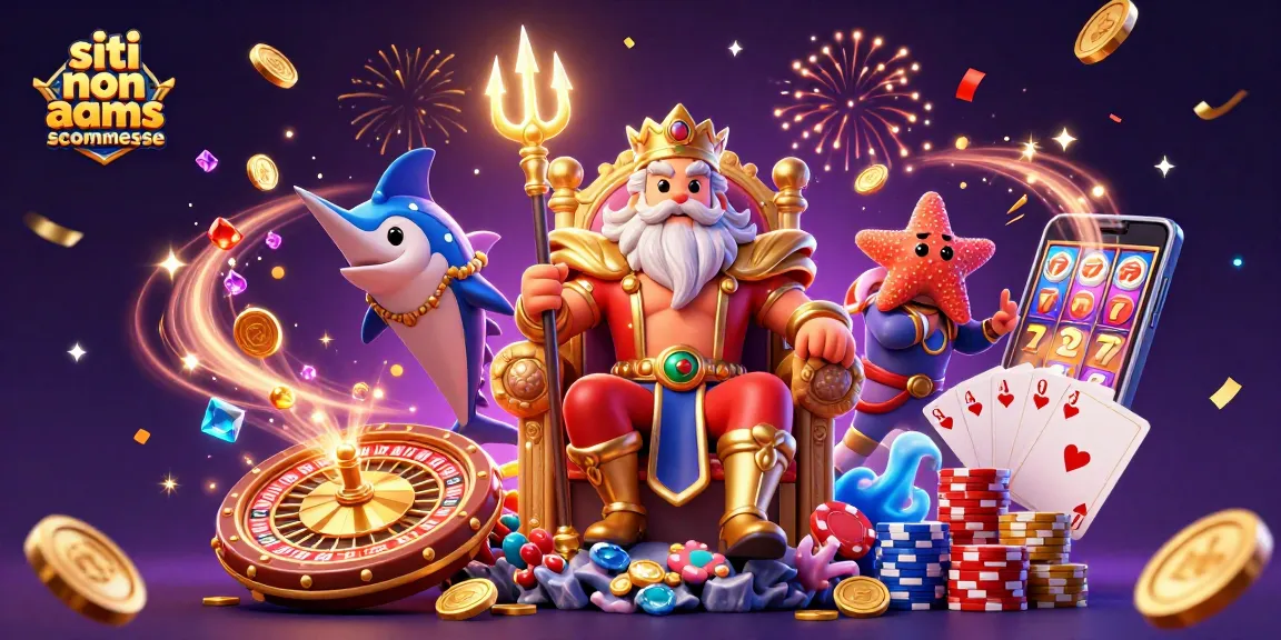 Scommetti sui siti non AAMS scommesse con la grafica di un re del mare e simboli del casinò scintillanti