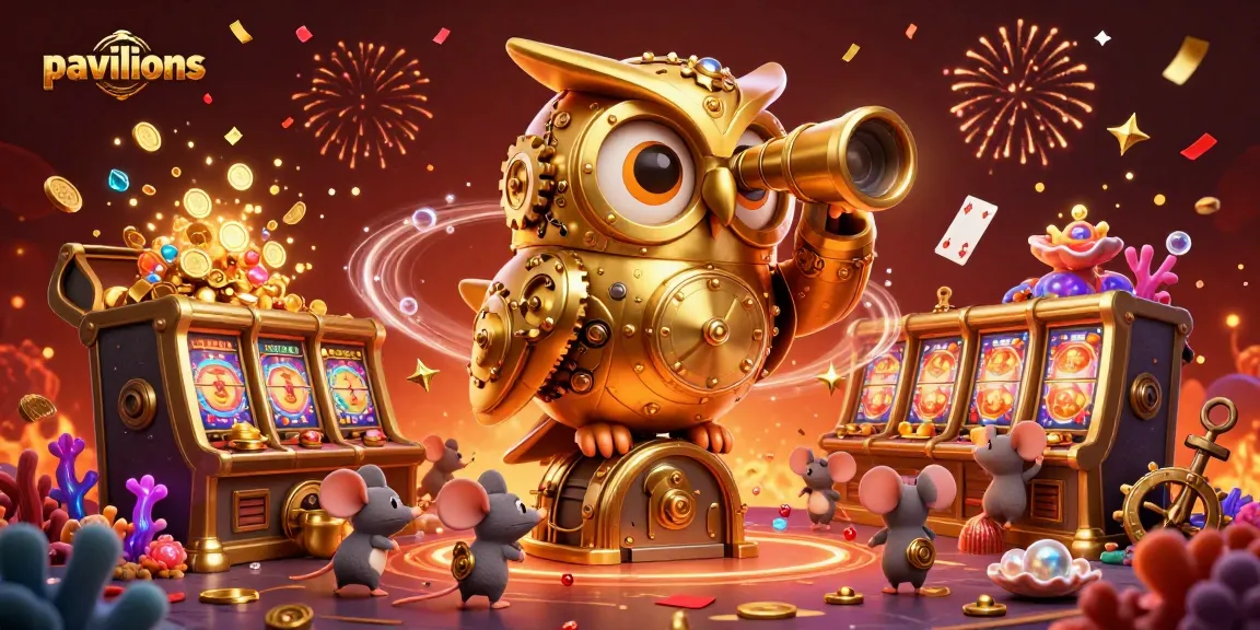 Pavilions immersive casino experience combines a whimsical golden owl with vibrant slot machines and festive decorations.
