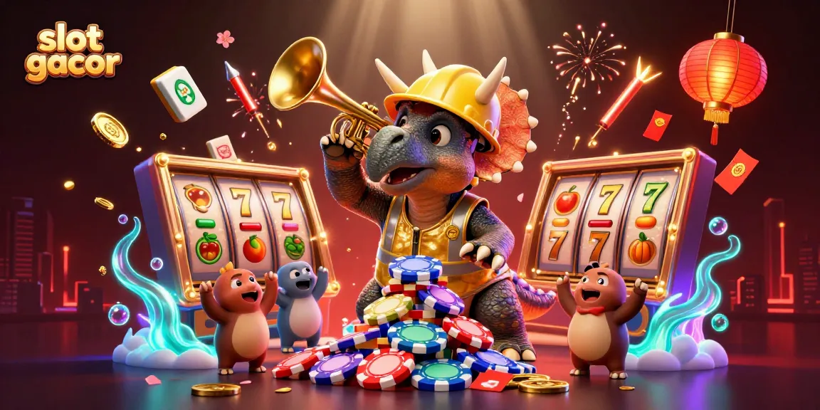 Engage with slot gacor dynamics as the triceratops celebrates a jackpot triumph amid dazzling casino elements.