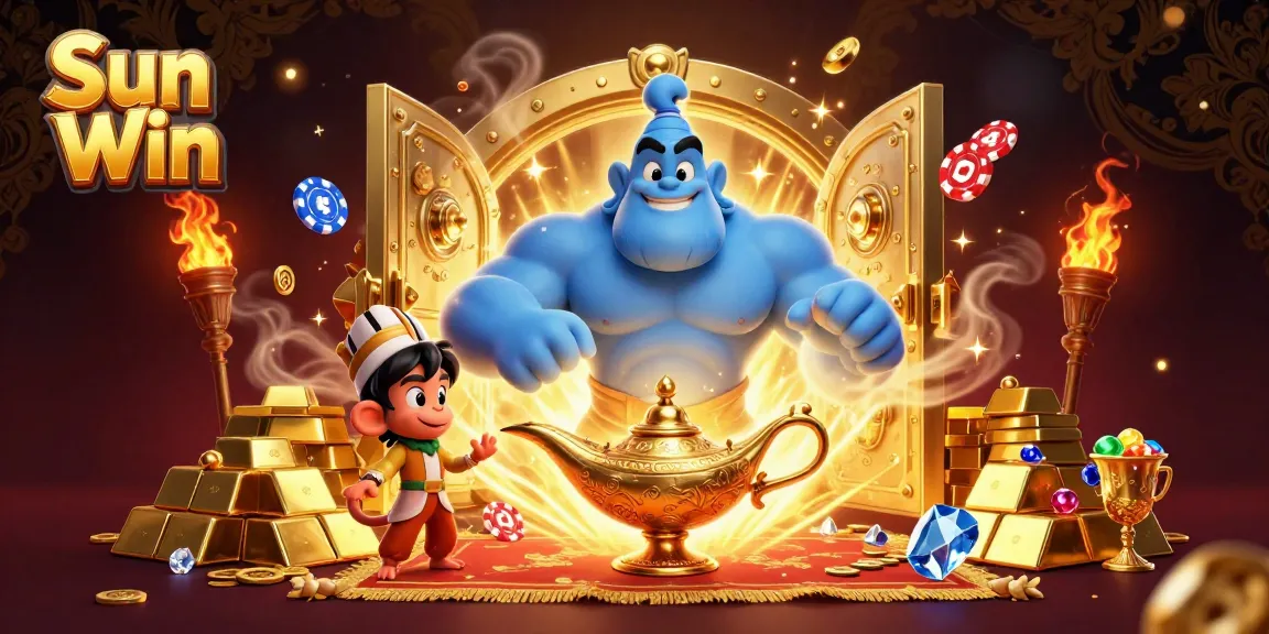 Engage in thrilling games at Sun Win with a vibrant casino scene featuring fun characters and treasures.