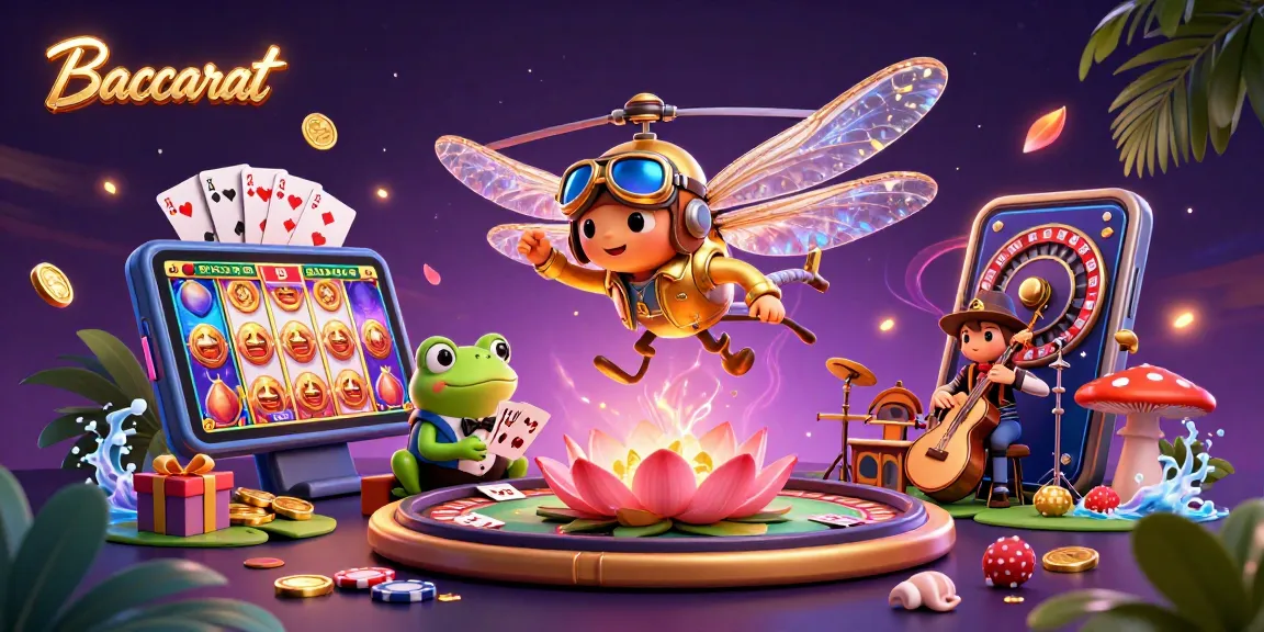 Baccarat croupier dealing cards with vibrant casino elements and a dragonfly pilot creating a lively atmosphere
