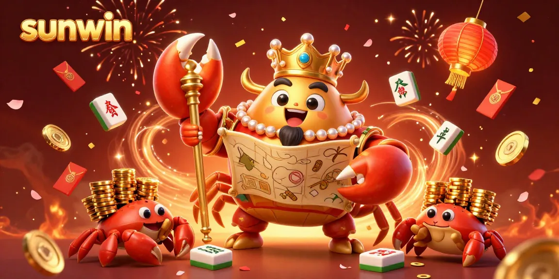 Experience sunwin casino magic with a golden crab emperor amidst fireworks and treasures.