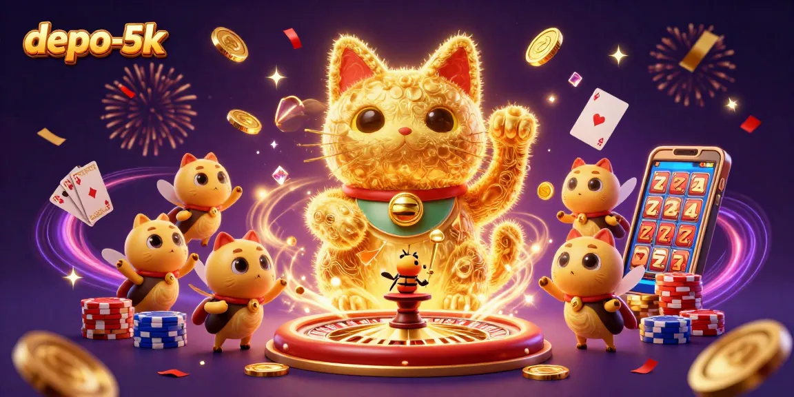 Experience the magic of depo-5k with a golden lucky cat symbolizing casino fortune amidst glittering assets.