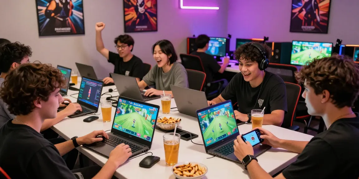 Players enjoying ROKOK88 alternatif game in a vibrant gaming lounge, showcasing excitement and casual atmosphere.