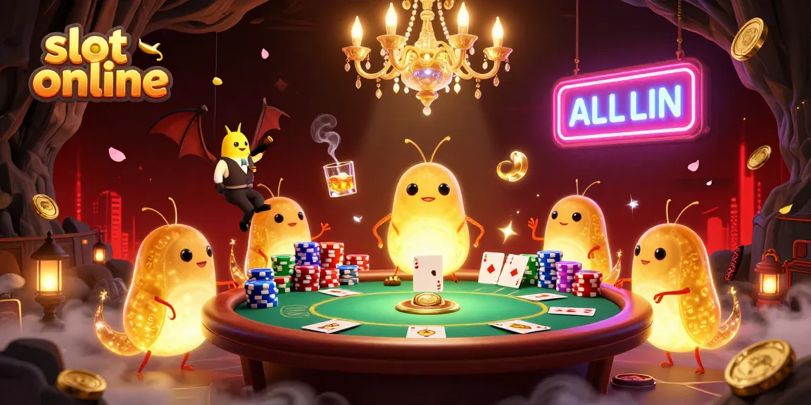Engage in slot online action as glowworms illuminate a vibrant casino scene with poker elements.