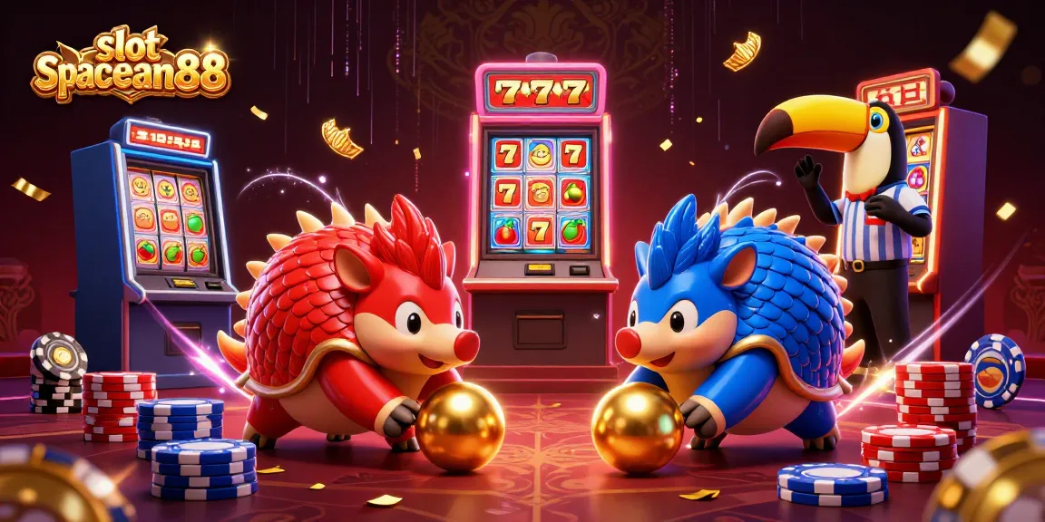 Engage with slot spaceman88 as rival pangolins playfully compete amidst vibrant casino elements.