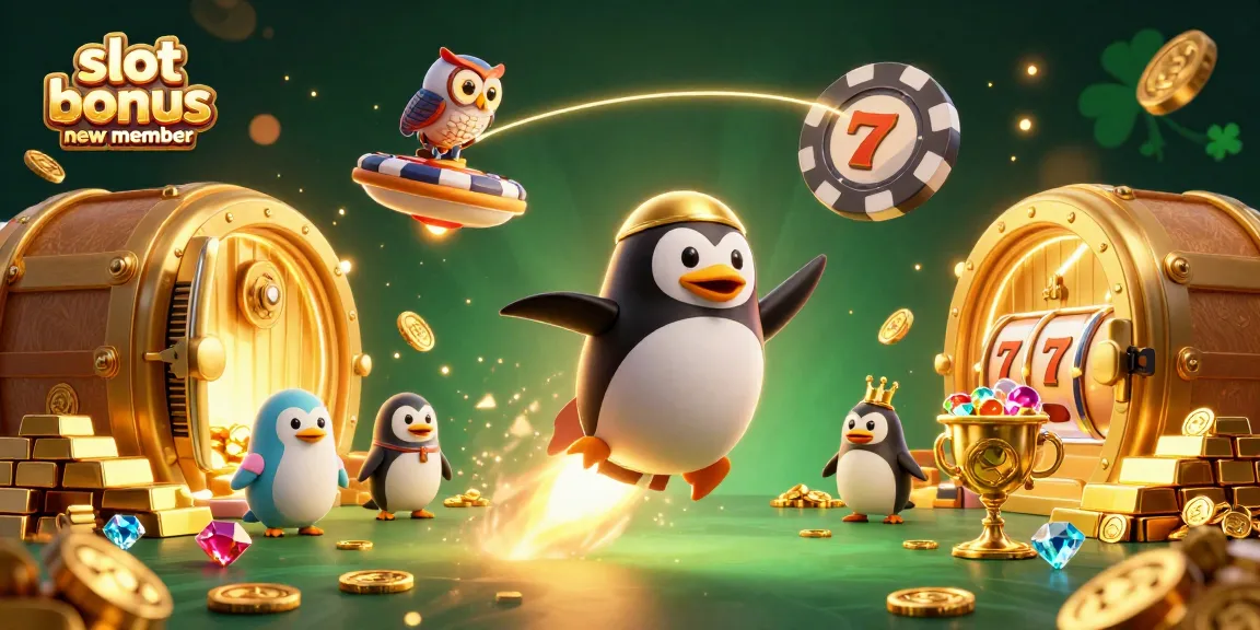 Engage in winning with slot bonus new member as a golden penguin races to a poker chip space station amidst treasure.